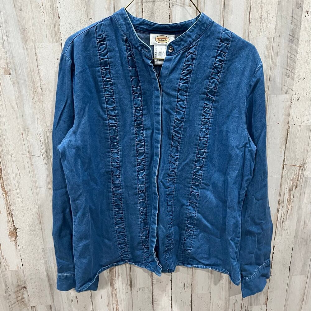 Vintage Talbots Denim Ruffle Western Cowgirl Button Up Shirt Rodeo Medium Cotton